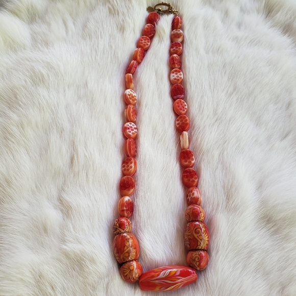 Hand Crafted Jewelry - Handmade red glass beaded necklace w gold clasp